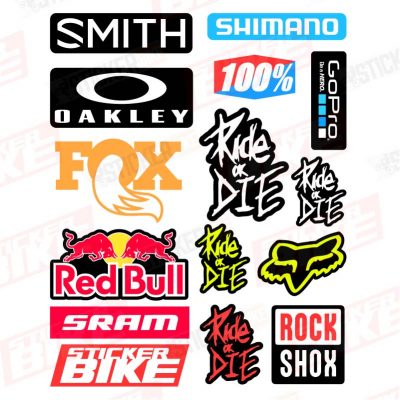 Stickers de marcas "Smith, Shimano, 100%, GoPro, RedBull, Fox, Sram, Rockshox y el clásico del Freeride Ride or Die
