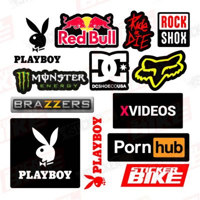 Kit de stickers de marcas con los clásicos del porno "PlayBoy, Brazzers, XVideos, PornHub" y "RedBull, Ride Or Die, RockShox, Fox, Monster y DC".
